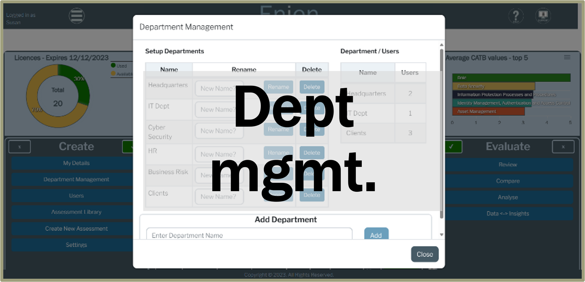 Enien department management screen showing department structure and settings