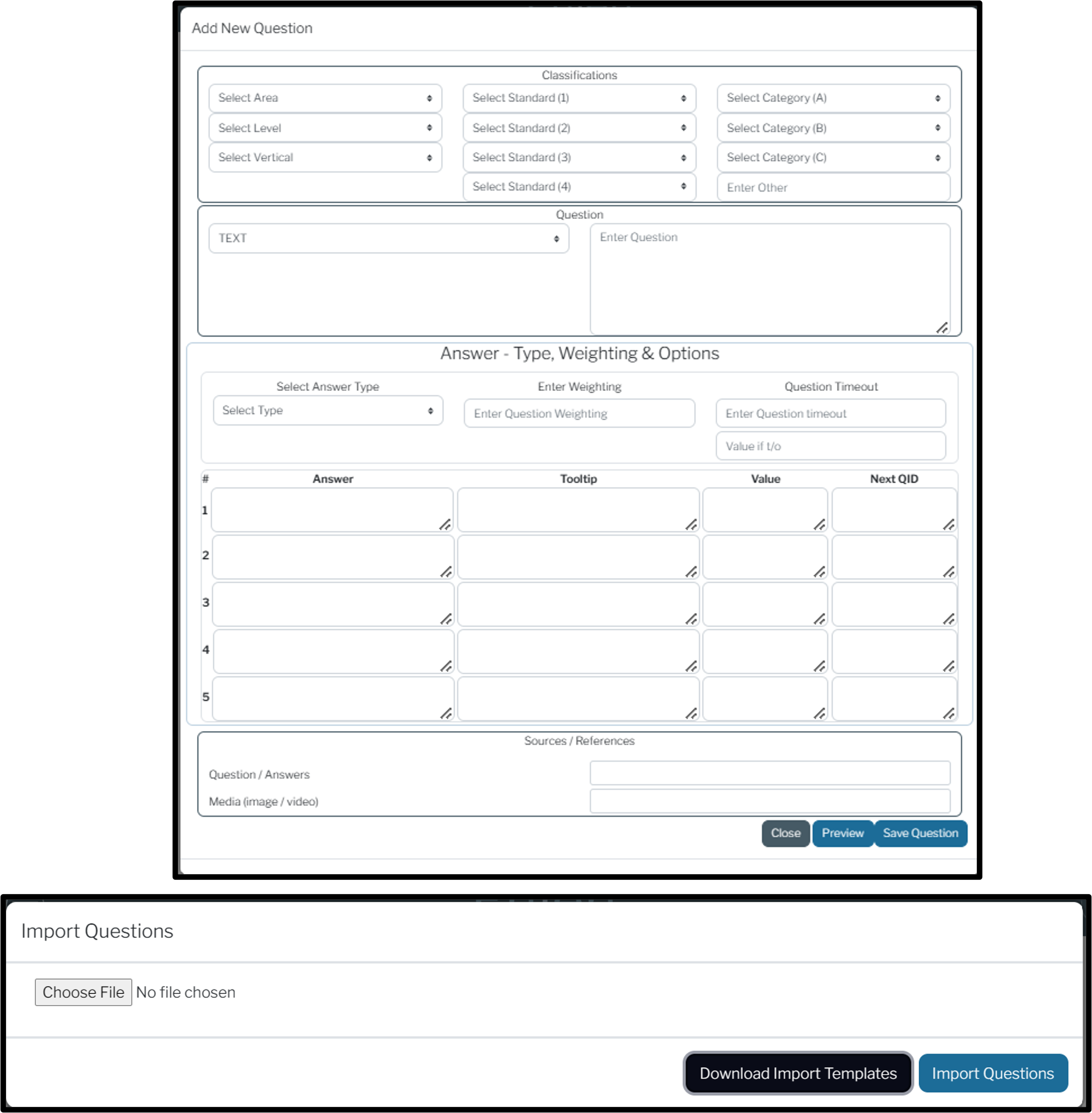 Screen showing how to create or import questions into platform